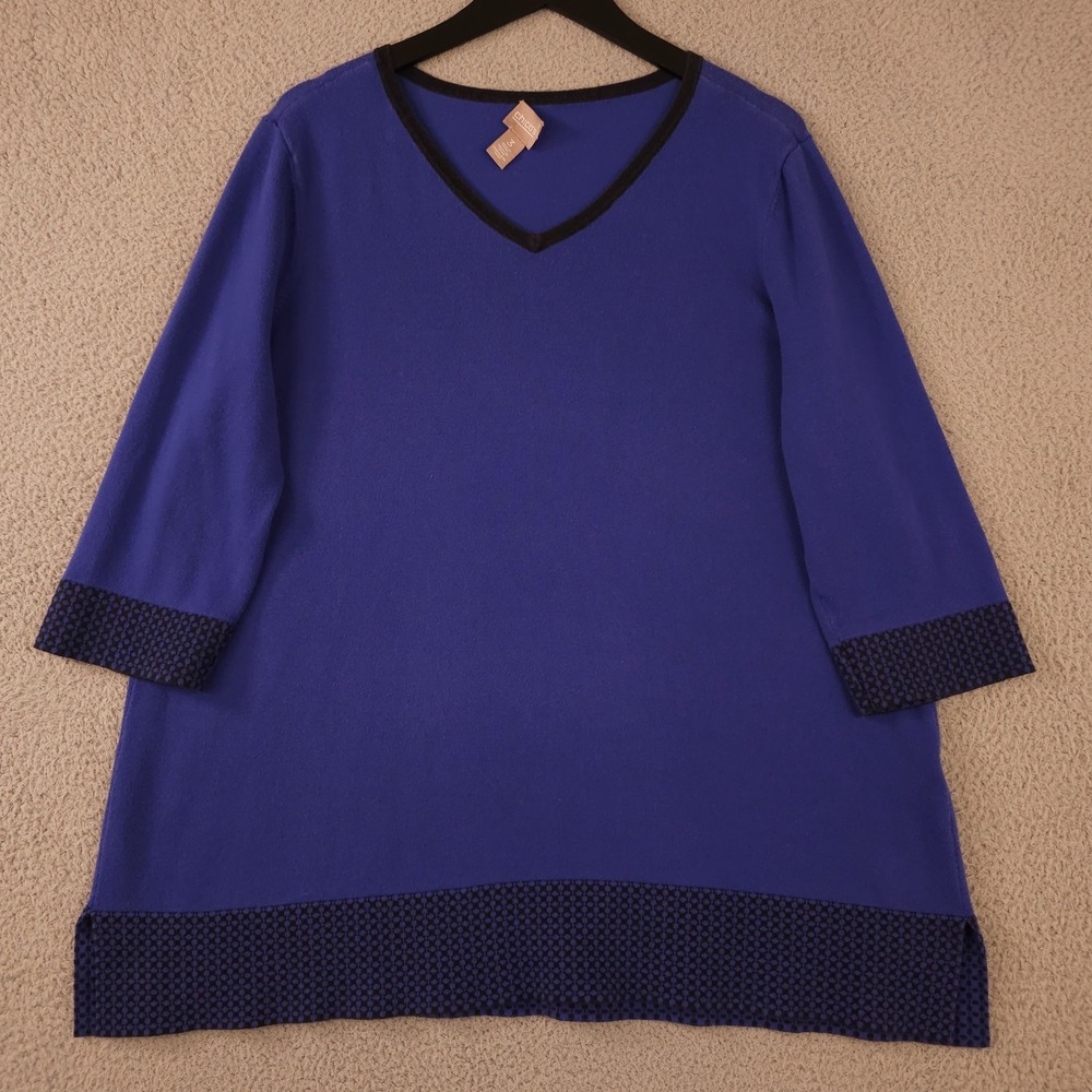 Chicos Sweater Womens 3 US XL Blue Black V Neck Geo Trim 3/4 Sleeve Knit FLAW